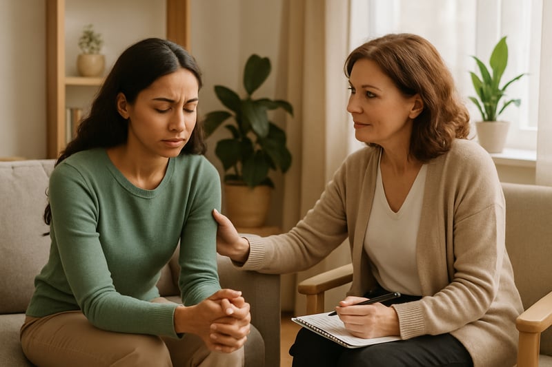 Therapist providing supportive counselling to a client in a peaceful setting Therapist providing supportive counselling to a client in a peaceful setting